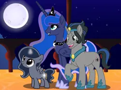 Size: 1033x774 | Tagged: safe, artist:starlingsentry27, king sombra, princess luna, oc, oc:moon bright, alicorn, pony, unicorn, alicorn oc, crown, female, filly, foal, good king sombra, hoof shoes, horn, image, jewelry, jpeg, male, mare, moon, offspring, parent:king sombra, parent:princess luna, parents:lumbra, peytral, regalia, sombra's cutie mark, stallion, trio, wings