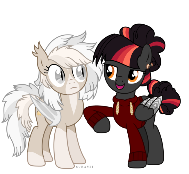 Size: 6500x6000 | Tagged: safe, artist:suramii, derpibooru import, oc, oc:cuddy, oc:night vision, unofficial characters only, bat pony, pegasus, pony, absurd resolution, clothes, female, hoodie, image, mare, png, simple background, transparent background