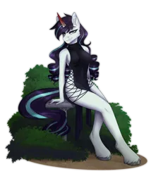 Size: 2400x2800 | Tagged: safe, artist:enderbee, derpibooru import, oc, anthro, unguligrade anthro, unicorn, anthro oc, black dress, breasts, bush, clothes, colored horn, curly hair, curved horn, dress, female, full body, hand, hooves, horn, image, looking at you, not coloratura, png, simple background, sitting, smiling, smiling at you, solo, sombra horn, transparent background