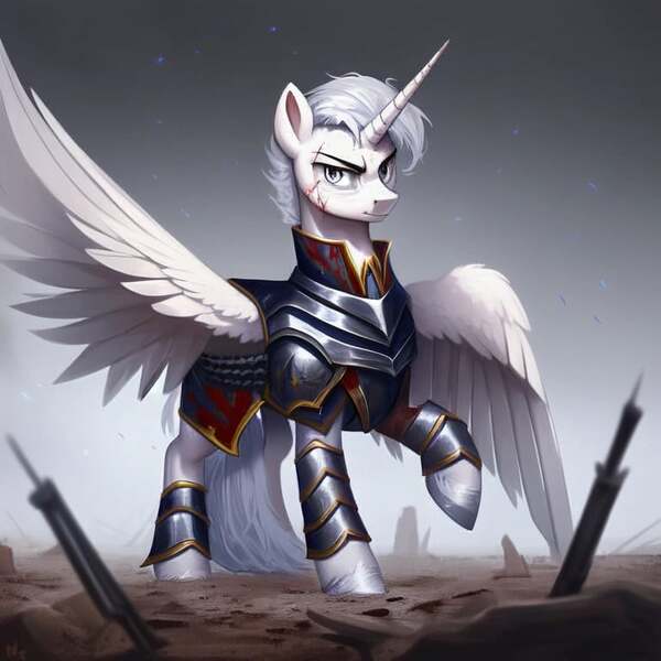 Size: 768x768 | Tagged: safe, ai content, derpibooru import, oc, oc:hestia agamemnon, alicorn, alicorn oc, armor, eye scar, facial scar, horn, image, jpeg, messy mane, scar, wings