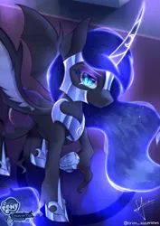 Size: 3533x5000 | Tagged: safe, artist:orion, derpibooru import, nightmare moon, alicorn, armor, cyan eyes, detailed background, female, glow, glowing eyes, glowing horn, glowing mane, horn, image, looking at you, png, redesign, solo, spread wings, wings