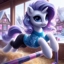 Size: 1024x1024 | Tagged: safe, ai content, machine learning generated, ponerpics import, ponybooru import, rarity, pony, unicorn, bing, clothes, female, fluffy, hay, image, jeans, jpeg, jumping, mare, pants, ponyville, smiling, snow, solo, sweater, tree