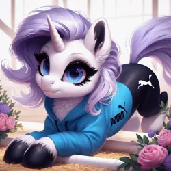 Size: 1024x1024 | Tagged: safe, ai content, machine learning generated, ponerpics import, ponybooru import, rarity, pony, unicorn, alternate hairstyle, bing, clothed ponies, clothes, female, flower, fluffy, hoodie, hoof polish, image, iwtcird, jpeg, leggings, mare, meme, product placement, puma (brand), solo, unshorn fetlocks