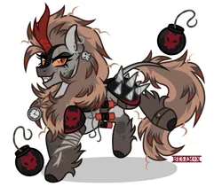 Size: 1957x1654 | Tagged: safe, artist:besomb1tch, derpibooru import, kirin, fallout equestria, armor, bomb, commission, dirty, dynamite, explosives, fluffy mane, image, jumping, png, red eyes, scar, skull, solo, vector, weapon