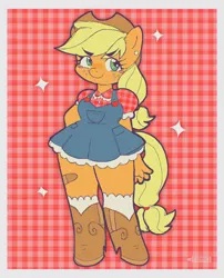 Size: 1249x1547 | Tagged: safe, artist:cosmiccrayons, artist:cosmiccrayonsart, derpibooru import, part of a set, applejack, anthro, earth pony, bandaid, blush sticker, blushing, boots, clothes, ear piercing, female, image, jpeg, piercing, shoes, solo