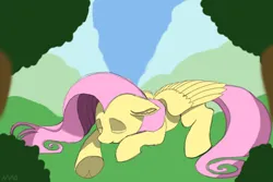 Size: 3072x2048 | Tagged: safe, artist:maonyman, derpibooru import, fluttershy, pegasus, pony, bush, ear fluff, eyes closed, eyeshadow, female, floppy ears, forest, image, makeup, mare, mountain, nature, partially open wings, png, sleeping, solo, tree, underhoof, wings