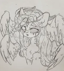 Size: 1152x1280 | Tagged: safe, artist:starkey, derpibooru import, oc, unnamed oc, unofficial characters only, pegasus, pony, chest fluff, crying, dark eyes, ear fluff, female, image, jpeg, long mane, mare, multiple wings, nimbus, open mouth, pegasus oc, sadness, slit pupils, solo, spread wings, traditional art, wings