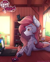 Size: 4000x5000 | Tagged: safe, artist:orion_illustrates, derpibooru import, oc, oc:coral cloudbloom, pegasus, comic:tales of the unseen, bed, computer, detailed background, female, folded wings, image, jewelry, laptop computer, lying down, mobile phone, necklace, phone, png, solo, wings