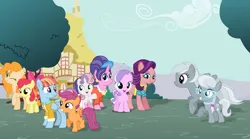 Size: 1597x886 | Tagged: artist needed, safe, derpibooru import, apple bloom, cookie crumbles, diamond tiara, pear butter, scootaloo, silver spoon, silverspeed, spoiled rich, sweetie belle, windy whistles, earth pony, pegasus, pony, unicorn, adopted, adopted offspring, cute, cutealoo, cutie mark crusaders, female, filly, foal, glasses, grin, headcanon, headcanon in the description, image, jewelry, mare, mother and child, mother and daughter, necklace, one eye closed, open mouth, open smile, pearl necklace, png, ponyville, scootadoption, scootalove, silverbetes, smiling, spread wings, tiara, windybetes, wings, wink