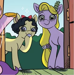 Size: 782x801 | Tagged: safe, derpibooru import, edit, idw, unnamed character, unnamed pony, earth pony, pony, g5, spoiler:comic, spoiler:g5, spoiler:g5comic, spoiler:g5comic09, bow, cameo, cropped, disney, disney princess, female, flower, flower in hair, g5 collapse of disney, hair bow, headband, hoof over mouth, image, mare, official comic, pixar, png, rapunzel, reference, snow white, snow white and the seven dwarfs, sparkles, sparkly eyes, tangled (disney), wingding eyes