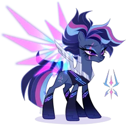 Size: 1458x1451 | Tagged: safe, artist:gihhbloonde, derpibooru import, oc, unnamed oc, unofficial characters only, earth pony, pony, adoptable, augmented wings, boots, closed mouth, clothes, colored wings, earth pony oc, eye scar, eyeshadow, facial scar, female, glow, glowing wings, gradient wings, image, lightly watermarked, magical lesbian spawn, makeup, mare, multicolored wings, offspring, parent:rainbow dash, parent:tempest shadow, parents:tempestdash, png, purple eyes, scar, scarred, shoes, simple background, smiling, solo, spread wings, standing, transparent background, vest, watermark, wings