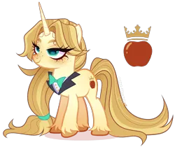 Size: 2322x1949 | Tagged: safe, artist:gihhbloonde, derpibooru import, oc, unnamed oc, unofficial characters only, pony, unicorn, adoptable, bowtie, closed mouth, collar, colored hooves, female, freckles, horn, image, lidded eyes, lightly watermarked, long mane, long tail, mare, offspring, parent:applejack, parent:prince blueblood, parents:bluejack, png, ponytail, simple background, smiling, solo, standing, tail, teal eyes, transparent background, unicorn oc, unshorn fetlocks, watermark