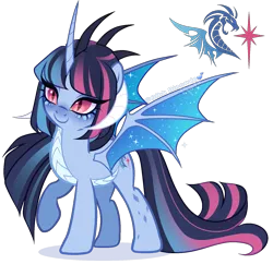 Size: 1568x1520 | Tagged: safe, artist:gihhbloonde, derpibooru import, oc, unnamed oc, unofficial characters only, dracony, dragon, hybrid, pony, adoptable, closed mouth, colored wings, curved horn, dracony alicorn, dracony oc, dragon wings, female, gradient mane, gradient tail, gradient wings, horn, image, interspecies offspring, lightly watermarked, long tail, magenta eyes, magical lesbian spawn, mare, multiple horns, offspring, pale belly, parent:princess ember, parent:twilight sparkle, parents:emberlight, png, raised hoof, simple background, slit pupils, smiling, solo, sparkly wings, spread wings, standing, tail, transparent background, watermark, wings