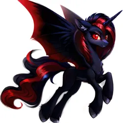 Size: 2136x2136 | Tagged: safe, ai content, derpibooru import, machine learning generated, stable diffusion, oc, oc:blood moon, unofficial characters only, alicorn, pony, fallout equestria, game: fallout equestria: remains, artificial alicorn, bat wings, evil, female, image, png, simple background, solo, spread wings, wings
