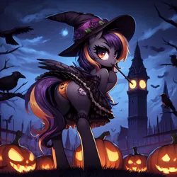 Size: 1024x1024 | Tagged: suggestive, ai content, derpibooru import, machine learning generated, oc, unnamed oc, unofficial characters only, bat, bird, crow, pegasus, pony, bipedal, butt, clock tower, clothes, female, generator:dall-e 3, gray coat, halloween, hat, holiday, image, jack-o-lantern, jpeg, looking at you, looking back, looking back at you, mare, mouth hold, night, orange eyes, overcast, panties, plot, pumpkin, purple mane, purple tail, rear view, skirt, skirt lift, sky, solo, solo female, tail, two toned mane, two toned tail, underwear, upskirt, wand, witch hat