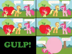 Size: 4014x3043 | Tagged: safe, artist:yourthecuttestfoxes, derpibooru import, apple bloom, applejack, pinkie pie, earth pony, pony, apple, apple bloom's bow, belly, big belly, bow, comic, dialogue, eating, female, filly, filly prey, foal, food, giant apple, gulp, hair bow, huge belly, image, impossibly large belly, mare, mare pred, mare prey, png, tree, vore