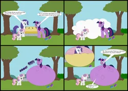 Size: 4330x3078 | Tagged: safe, artist:yourthecuttestfoxes, derpibooru import, rarity, sweetie belle, twilight sparkle, twilight sparkle (alicorn), alicorn, pony, unicorn, accidental vore, belly, belly bed, big belly, book, comic, dialogue, eating, female, filly, foal, food, huge belly, image, impossibly large belly, internal, mare, mare pred, mare prey, pie, png, question mark, siblings, sisters, speech bubble, spell gone wrong, traumatized, tree, vore