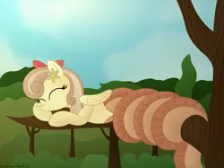 Size: 4032x3016 | Tagged: safe, artist:rainbowšpekgs, derpibooru import, oc, oc:peach blossom, unofficial characters only, lamia, original species, pony, snake, snake pony, bow, eyes closed, female, flower, forest, image, jungle, nature, png, sleeping, tree, tree branch