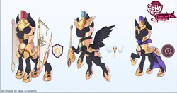 Size: 1277x672 | Tagged: safe, artist:orion_illustrates, derpibooru import, earth pony, pegasus, pony, unicorn, comic:tales of the unseen, armor, cloak, clothes, concept art, helmet, image, png, redesign, royal guard, shield, spear, spread wings, weapon, wings