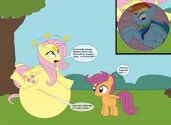 Size: 1543x1129 | Tagged: safe, artist:yourthecuttestfoxes, derpibooru import, fluttershy, rainbow dash, scootaloo, pegasus, pony, belly, belly bed, big belly, circling stars, derp, dialogue, dizzy, female, filly, foal, huge belly, image, impossibly large belly, internal, jpeg, mare, mare pred, mare prey, speech bubble, thought bubble, tree, vore