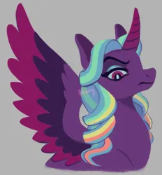 Size: 900x970 | Tagged: safe, artist:flightless-fox, derpibooru import, alicorn, pony, g5, alternate mane color, curved horn, gray background, horn, image, opaline arcana, png, simple background, solo