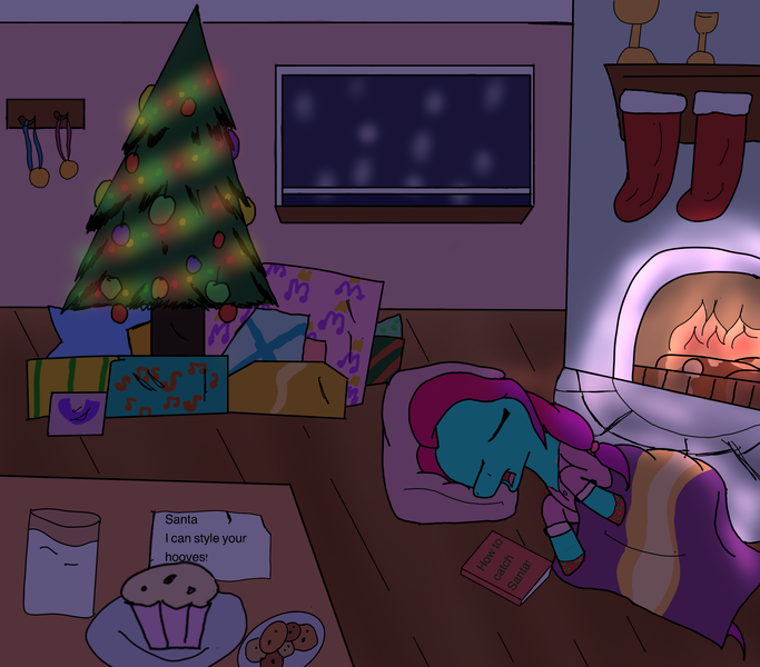 Size: 1989x1748 | Tagged: safe, artist:php176, derpibooru import, earth pony, pony, g5, blanket, book, christmas, christmas lights, christmas stocking, christmas tree, clothes, cookie, derpibooru exclusive, eyes closed, female, fire, fireplace, food, holiday, hoof polish, image, implied santa, jazz has no ears, jazz hooves, log, mare, medal, milk, muffin, no ears, note, open mouth, pajamas, paper, pillow, png, present, sleeping, snow, snowfall, solo, text, tree, trophy, window