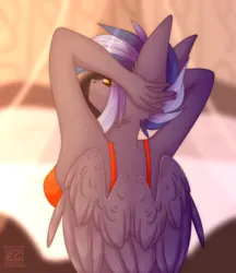 Size: 1392x1612 | Tagged: suggestive, artist:elektra-gertly, derpibooru import, oc, oc:pixi feather, unofficial characters only, anthro, pegasus, bedroom eyes, blue hair, bra, breasts, clothes, female, image, lidded eyes, looking at you, pegasus oc, png, red bra, red underwear, simple background, solo, solo female, underwear, wings, yellow eyes