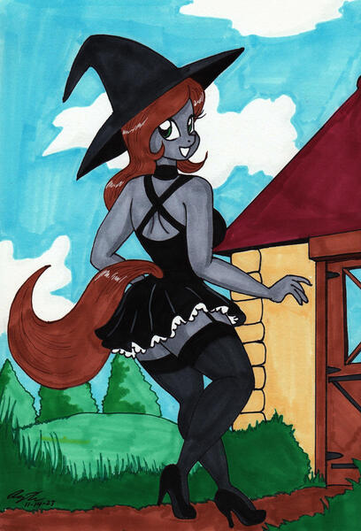 Size: 1280x1881 | Tagged: safe, artist:newyorkx3, derpibooru import, oc, oc:casey, anthro, earth pony, clothes, cottage, female, garters, grin, halloween, hat, holiday, image, jpeg, looking at you, looking back, looking back at you, looking over shoulder, miniskirt, skirt, smiling, smiling at you, socks, solo, thigh highs, witch, witch hat