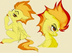 Size: 1204x880 | Tagged: safe, artist:woollyart, derpibooru import, spitfire, pegasus, pony, image, jpeg, simple background, sitting, solo