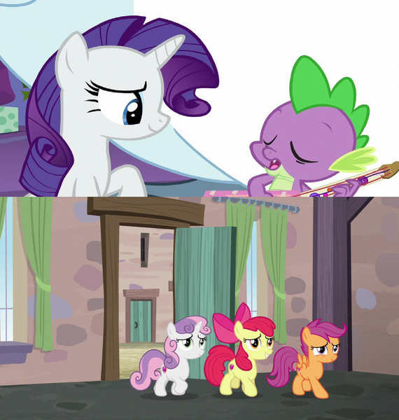 Size: 1538x1620 | Tagged: artist needed, safe, derpibooru import, edit, edited screencap, screencap, apple bloom, rarity, scootaloo, spike, sweetie belle, dragon, earth pony, pegasus, pony, unicorn, best gift ever, hard to say anything, cute, cutie mark crusaders, daaaaaaaaaaaw, female, filly, foal, guitar, image, male, mare, meme, musical instrument, png, raribetes, shipper on deck, shipping, smiling, sparity, straight