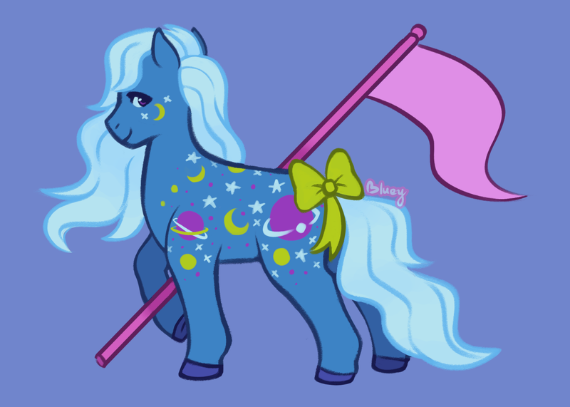 Size: 1280x914 | Tagged: safe, artist:flightless-fox, derpibooru import, night glider (g1), earth pony, pony, g1, blue background, bow, flag, image, png, ponytober, simple background, tail, tail bow