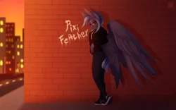 Size: 3456x2160 | Tagged: safe, artist:elektra-gertly, derpibooru import, oc, oc:pixi feather, unofficial characters only, anthro, pegasus, black eyeshadow, black socks, blue hair, blue tail, breasts, city, clothes, denim, evening, eyeshadow, female, graffiti, hoodie, image, jeans, lantern, looking at you, makeup, pants, pegasus oc, png, road, shoes, short tail, sneakers, socks, solo, solo female, sunset, tail, wings, yellow eyes