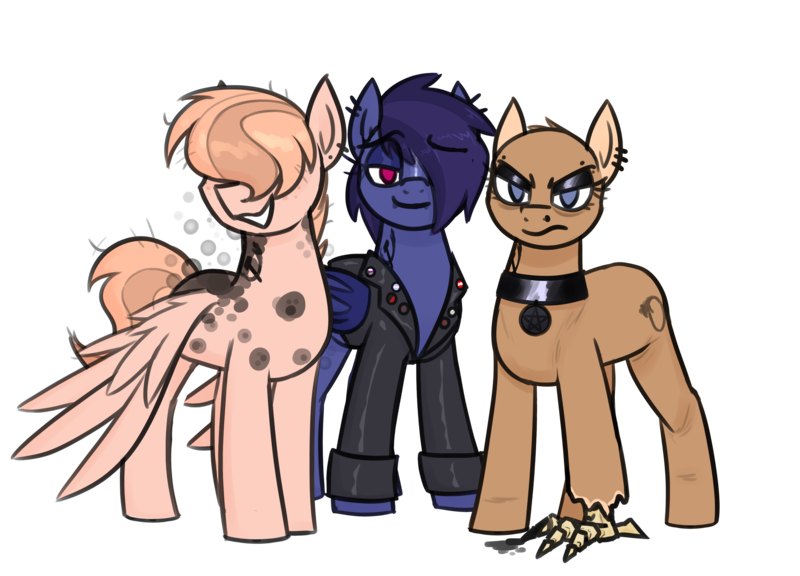 Size: 2758x1986 | Tagged: safe, artist:moonatik, derpibooru import, oc, oc:boiling point, oc:calea, oc:mutual exchange, unofficial characters only, bat pony, earth pony, pegasus, pony, bat pony oc, bat wings, claw, clothes, collar, ear piercing, earring, earth pony oc, eyebrow piercing, eyeshadow, hammer and sickle, image, jacket, jewelry, leather, leather jacket, looking at you, makeup, mascara, mutation, nose piercing, pegasus oc, piercing, pins, png, pride, pride flag, transgender pride flag, wings