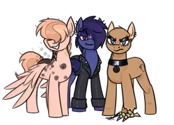 Size: 2758x1986 | Tagged: safe, artist:moonatik, derpibooru import, oc, oc:boiling point, oc:calea, oc:mutual exchange, unofficial characters only, bat pony, earth pony, pegasus, pony, bat pony oc, bat wings, claw, clothes, collar, ear piercing, earring, earth pony oc, eyebrow piercing, eyeshadow, hammer and sickle, image, jacket, jewelry, leather, leather jacket, looking at you, makeup, mascara, mutation, nose piercing, pegasus oc, piercing, pins, png, pride, pride flag, transgender pride flag, wings