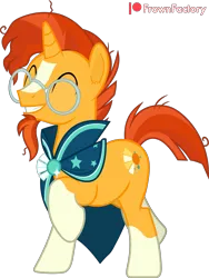 Size: 3007x4000 | Tagged: safe, artist:frownfactory, derpibooru import, sunburst, pony, unicorn, the parent map, cape, clothes, coat markings, cutie mark, excited, eyes closed, glasses, horn, image, male, png, simple background, socks (coat marking), solo, stallion, transparent background, vector