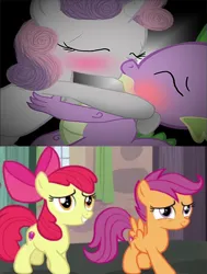 Size: 783x1034 | Tagged: safe, artist:dr-siren, derpibooru import, screencap, apple bloom, scootaloo, spike, sweetie belle, hard to say anything, blushing, cute, cutie mark crusaders, daaaaaaaaaaaw, female, image, kiss on the lips, kissing, male, png, shipping, spikebelle, straight