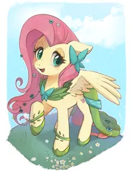 Size: 1700x2200 | Tagged: safe, artist:hosikawa, derpibooru import, fluttershy, pegasus, pony, clothes, cute, dress, female, floppy ears, flower, flower in hair, gala dress, image, jpeg, lidded eyes, mare, open mouth, partially open wings, passepartout, shyabetes, sky, smiling, solo, wings