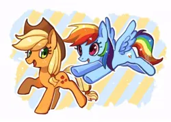 Size: 700x500 | Tagged: safe, artist:hosikawa, derpibooru import, applejack, rainbow dash, earth pony, pegasus, pony, abstract background, applejack's hat, cowboy hat, duo, duo female, ethereal mane, female, flying, hat, image, jpeg, looking at each other, looking at someone, mare, open mouth, smiling, spread wings, starry eyes, starry mane, striped background, wingding eyes, wings
