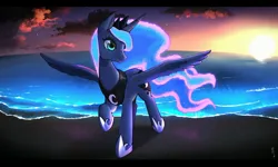 Size: 3238x1943 | Tagged: safe, artist:hosikawa, derpibooru import, princess luna, alicorn, pony, beach, black bars, ethereal mane, ethereal tail, female, glowing mane, image, jewelry, jpeg, mare, ocean, scenery, scenery porn, smiling, solo, spread wings, sunset, tail, tiara, water, wings