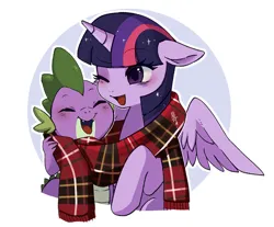 Size: 1024x847 | Tagged: safe, artist:hosikawa, derpibooru import, spike, twilight sparkle, alicorn, dragon, pony, clothes, cute, duo, duo male and female, eyes closed, female, image, jpeg, male, mama twilight, mare, one eye closed, open mouth, partially open wings, scarf, shared clothing, shared scarf, smiling, spikabetes, spikelove, twiabetes, wings
