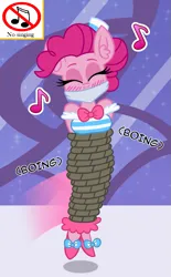 Size: 635x1024 | Tagged: suggestive, artist:captainponyboy1999, artist:snakeythingy, derpibooru import, edit, pinkie pie, anthro, earth pony, the best night ever, blushing, bondage, bouncing, bound and gagged, breasts, cloth gag, clothes, dress, ear fluff, eyes closed, female, gag, gala dress, grand galloping gala, happy, happy bondage, image, music notes, png, rope, rope bondage, ropes, sign, solo, solo female, story included, tied up