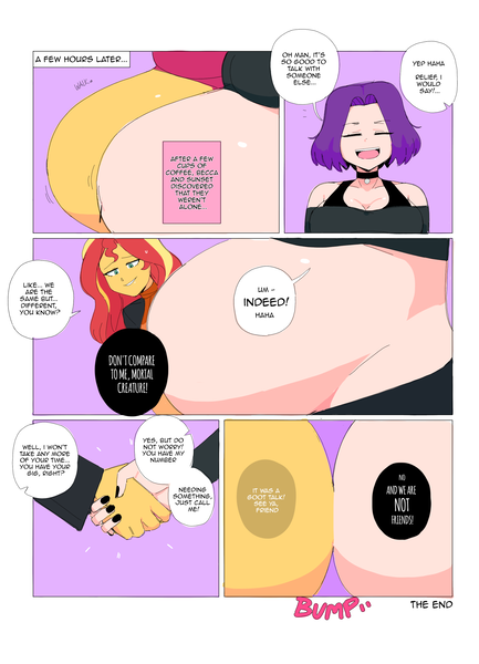 Size: 1965x2721 | Tagged: suggestive, artist:jake--jaccobus, derpibooru import, sunset shimmer, oc, oc:becca, human, comic:inner thoughts, equestria girls, belly, belly button, belly to belly, big belly, breasts, bump, bumping, cleavage, clothes, coat, comic, duo, duo female, female, handshake, huge belly, image, jacket, nail polish, png, pregnant, scarf, side by side, sweater, telepathy, wardrobe malfunction