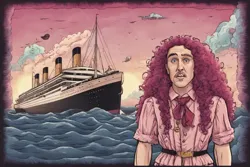 Size: 1095x730 | Tagged: safe, ai content, artist:pregnantroman, derpibooru import, machine learning generated, pinkie pie, human, cursed image, g4, image, jpeg, male, ocean, ship, solo, titanic, water, weird al yankovic