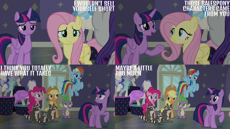 Size: 2000x1125 | Tagged: safe, derpibooru import, edit, edited screencap, editor:quoterific, screencap, applejack, fluttershy, pinkie pie, rainbow dash, rarity, smoky, smoky jr., softpad, spike, twilight sparkle, twilight sparkle (alicorn), alicorn, dragon, earth pony, pegasus, pony, raccoon, unicorn, fake it 'til you make it, comic, female, g4, image, male, mane seven, mane six, mare, png, screencap comic