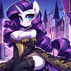 Size: 1024x1024 | Tagged: suggestive, ai content, derpibooru import, machine learning generated, rarity, anthro, unicorn, banner, big breasts, blushing, bodice, breasts, busty rarity, butt, cape, castle, cleavage, clothes, corset, cute, dress, embroidery, g4, generator:bing image creator, generator:dall-e 3, gloves, image, jpeg, looking at you, night, palace, rearity, sexy, shiny mane, socks, stupid sexy rarity, thigh highs, thighs, wide hips
