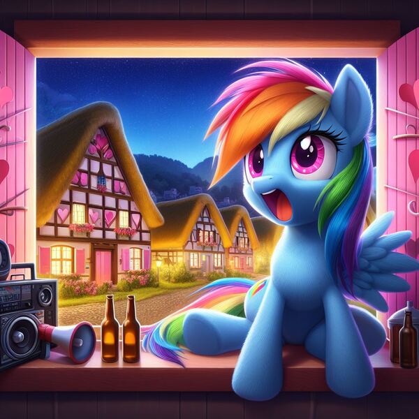 Size: 1024x1024 | Tagged: safe, ai content, machine learning generated, ponerpics import, ponybooru import, rainbow dash, pegasus, pony, alternate cutie mark, bing, boombox, bottle, cider, cider dash, drunk, drunker dash, female, image, jpeg, let's wake up the neighbors, loud, mare, megaphone, night, one wing out, open mouth, ponyville, rainbow douche, singing, sitting, solo, window, windowsill, wings