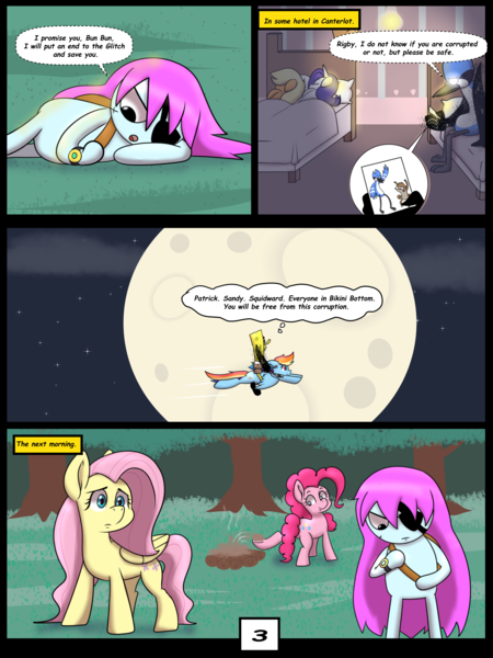 Size: 6000x8000 | Tagged: safe, artist:chedx, derpibooru import, applejack, fluttershy, pinkie pie, rainbow dash, rarity, earth pony, pegasus, unicorn, comic:learning with pibby glitch battles, fanfic, comic, commission, community related, corrupted, crossover, error, g4, glitch, image, mordecai, multiverse, pibby, png, regular show, rigby (regular show), spongebob squarepants, spongebob squarepants (character)