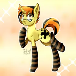 Size: 2500x2500 | Tagged: safe, artist:mitexcel, derpibooru import, oc, oc:merille artienda, pony, unicorn, brown eyes, clothes, glasses, image, nonbinary, nonbinary pony, orange mane, orange tail, png, ponysona, short hair, short tail, socks, solo, stockings, tail, thigh highs, yellow coat