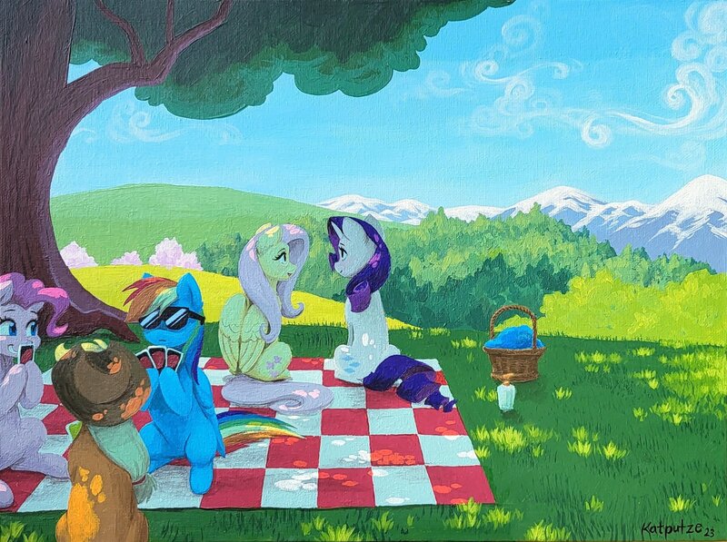 Size: 2186x1632 | Tagged: safe, artist:katputze, derpibooru import, applejack, fluttershy, pinkie pie, rainbow dash, rarity, earth pony, pegasus, pony, unicorn, basket, facing away, female, grin, hoof hold, image, jpeg, mare, oil painting, open mouth, open smile, picnic, picnic basket, picnic blanket, remane five, scenery, shade, sitting, smiling, sunglasses, traditional art, tree, uno