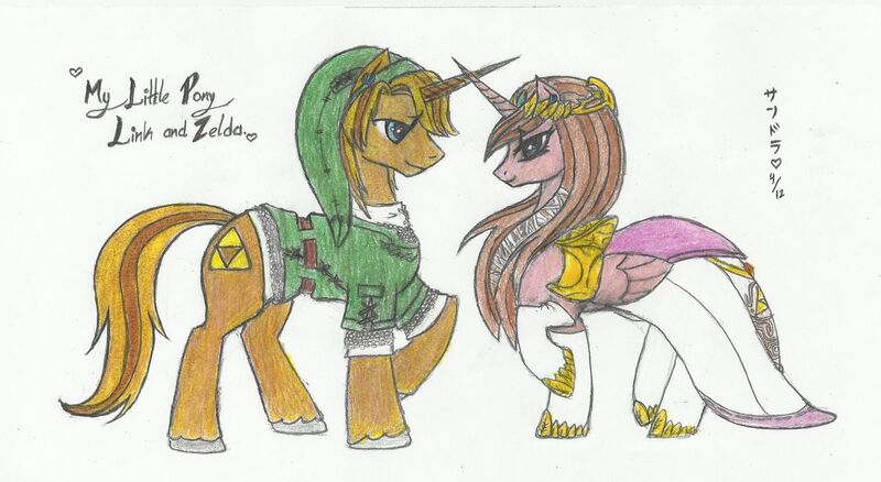 Size: 2048x1122 | Tagged: safe, artist:lycanthropeheart, derpibooru import, pony, unicorn, clothes, couple, crossover, dress, image, jpeg, link, princess zelda, simple background, the legend of zelda, white background